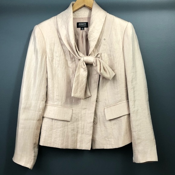 ADRIANNA PAPELL Womens Golden/Champagne Metallic Tie Neck Ecru Blazer Size 6 - Picture 1 of 10